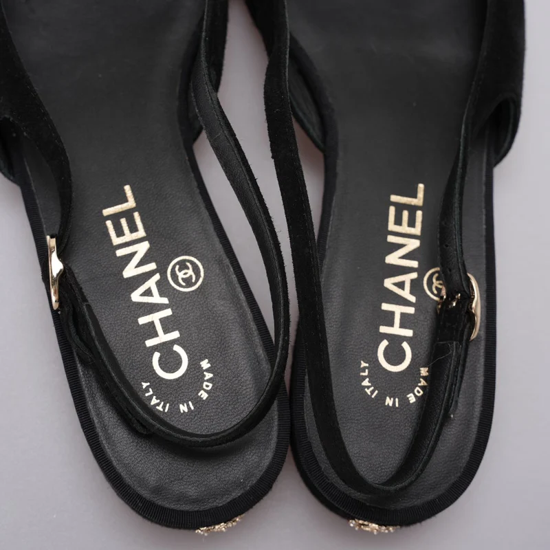 Chanel Slingback Satin Pearl Flats Schwarz Größe 37.5