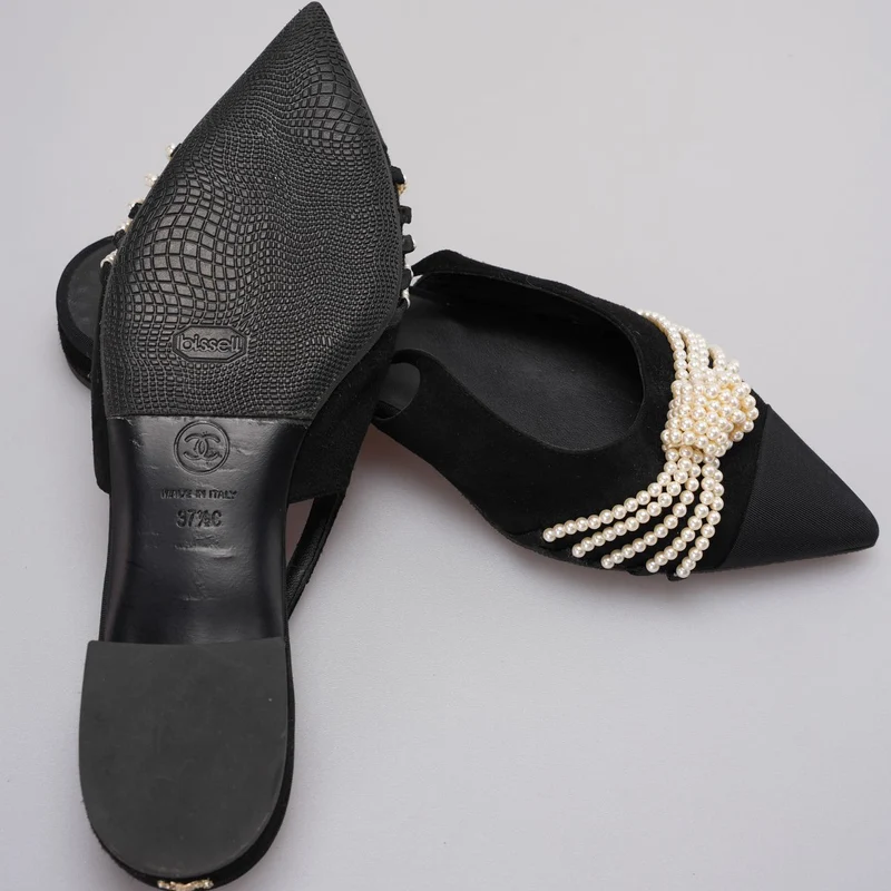 Chanel Slingback Satin Pearl Flats Schwarz Größe 37.5