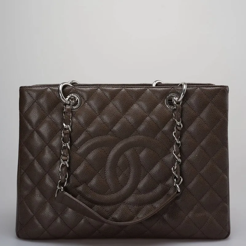 Chanel Brown GST Grand Shopping Tote Bag aus Kaviarleder mit silberner Hardware