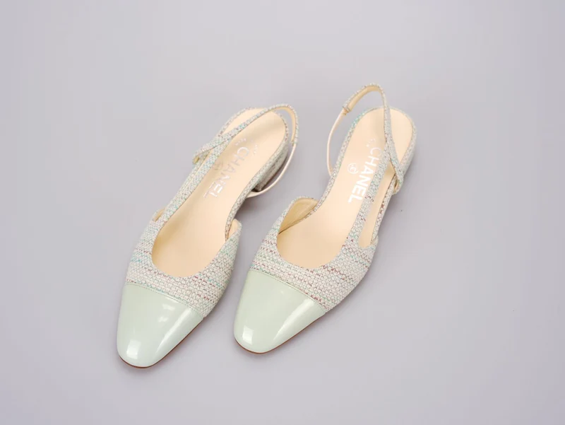 Chanel Hellgrüne Tweed Slingback-Lack-Cap-Toe-Ballerinas 36