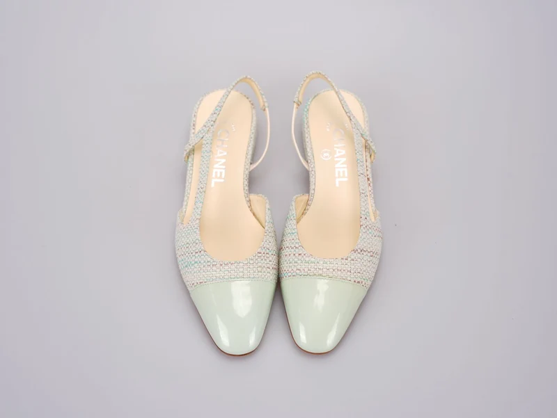 Chanel Hellgrüne Tweed Slingback-Lack-Cap-Toe-Ballerinas 36