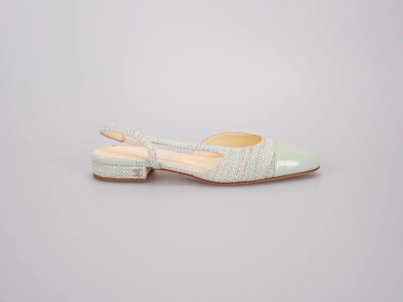 Chanel Hellgrüne Tweed Slingback-Lack-Cap-Toe-Ballerinas 36