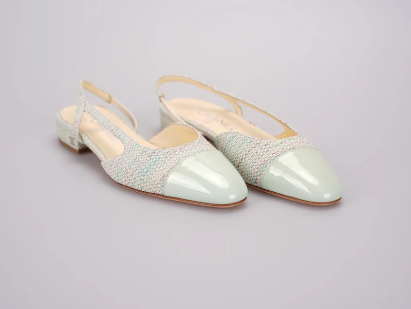 Chanel Hellgrüne Tweed Slingback-Lack-Cap-Toe-Ballerinas 36