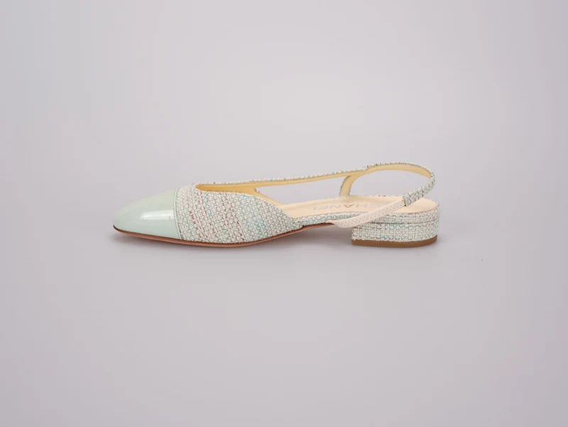 Chanel Hellgrüne Tweed Slingback-Lack-Cap-Toe-Ballerinas 36