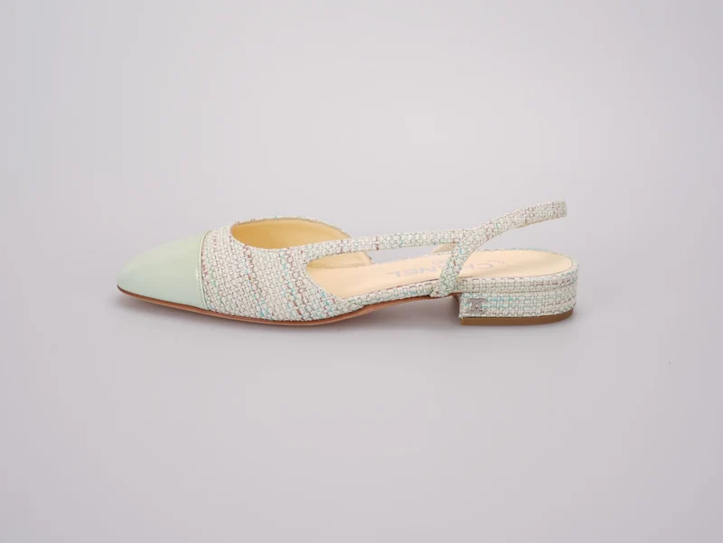 Chanel Hellgrüne Tweed Slingback-Lack-Cap-Toe-Ballerinas 36