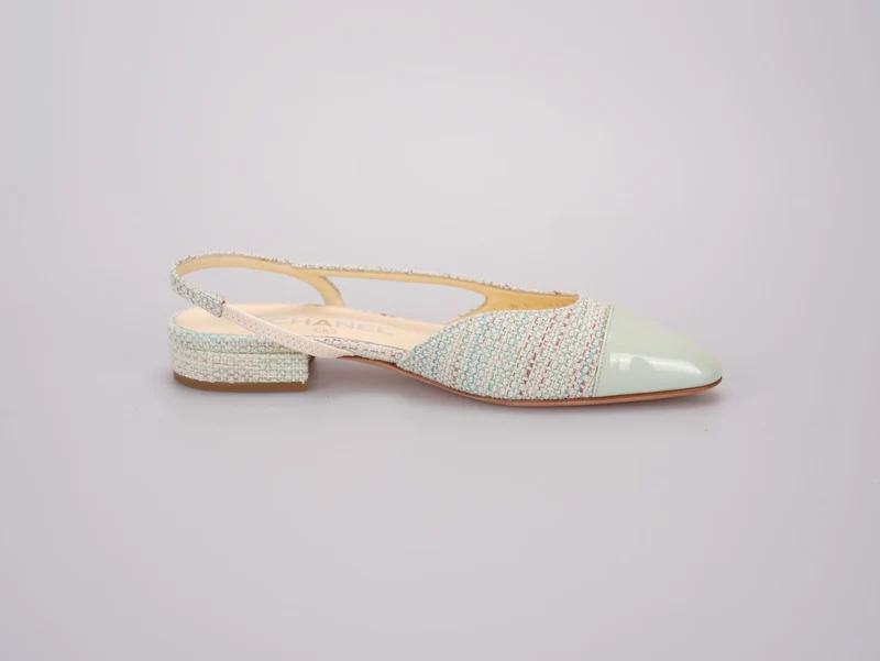 Chanel Hellgrüne Tweed Slingback-Lack-Cap-Toe-Ballerinas 36