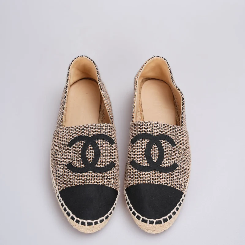 Chanel Tweed Grosgrain CC Espadrilles in Gold Beige Schwarz