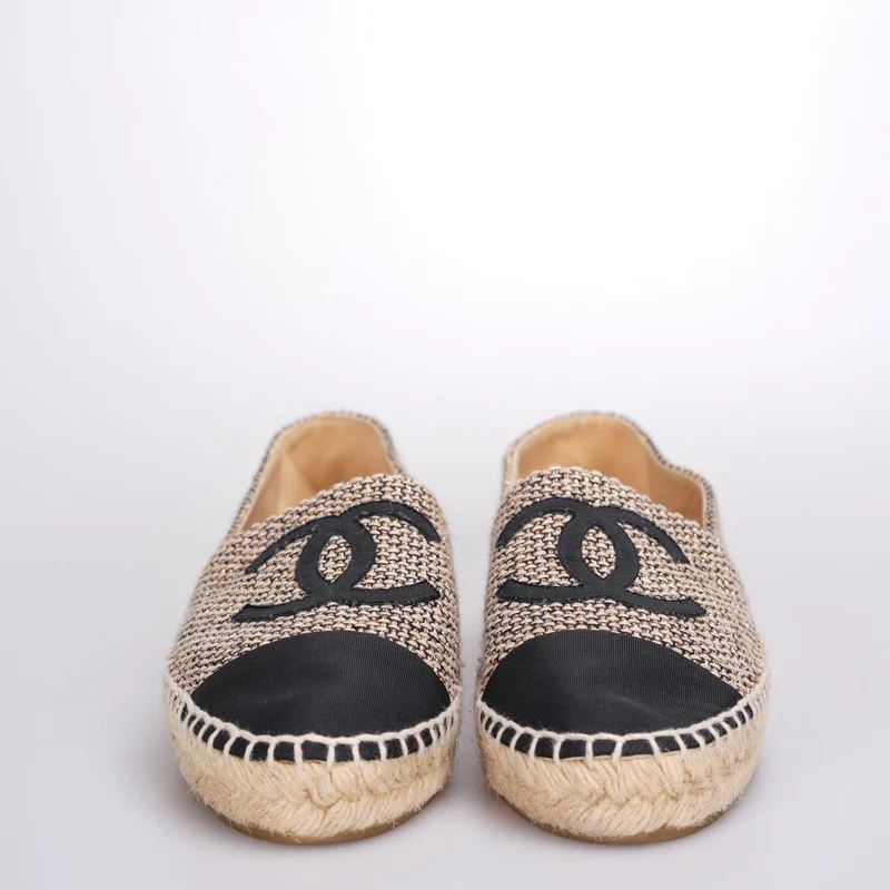 Chanel Tweed Grosgrain CC Espadrilles in Gold Beige Schwarz