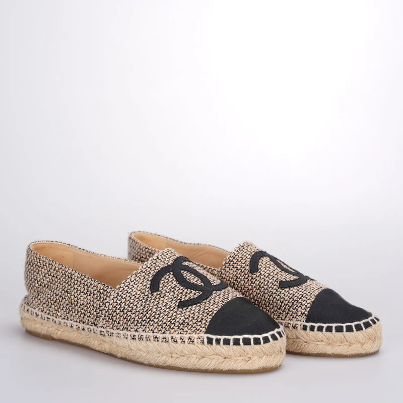 Chanel Tweed Grosgrain CC Espadrilles in Gold Beige Schwarz