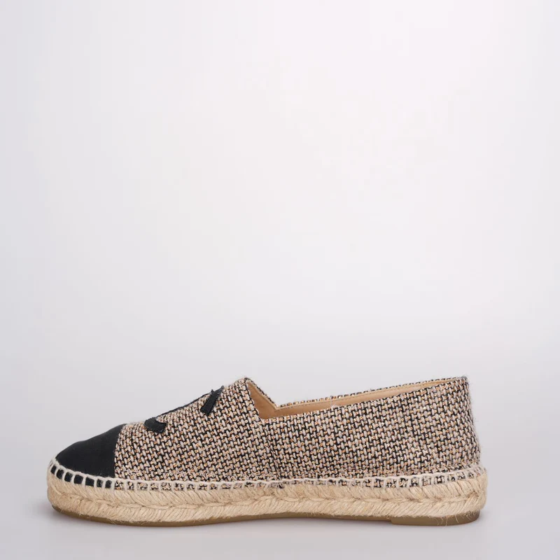 Chanel Tweed Grosgrain CC Espadrilles in Gold Beige Schwarz