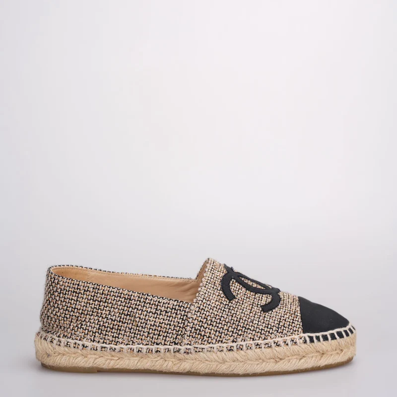 Chanel Tweed Grosgrain CC Espadrilles in Gold Beige Schwarz