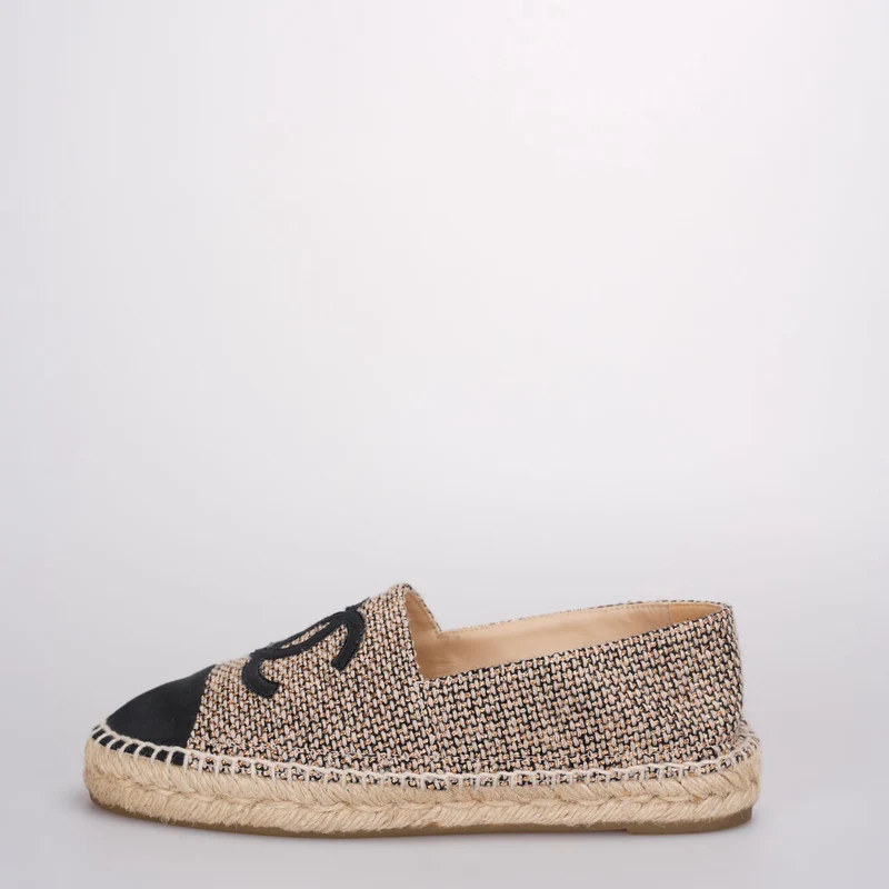 Chanel Tweed Grosgrain CC Espadrilles in Gold Beige Schwarz