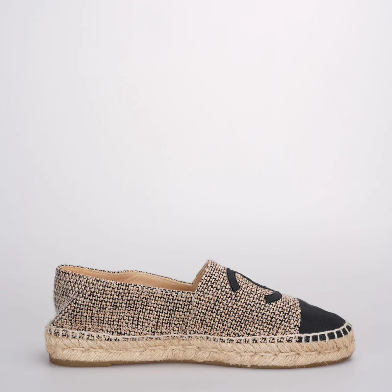 Chanel Tweed Grosgrain CC Espadrilles in Gold Beige Schwarz