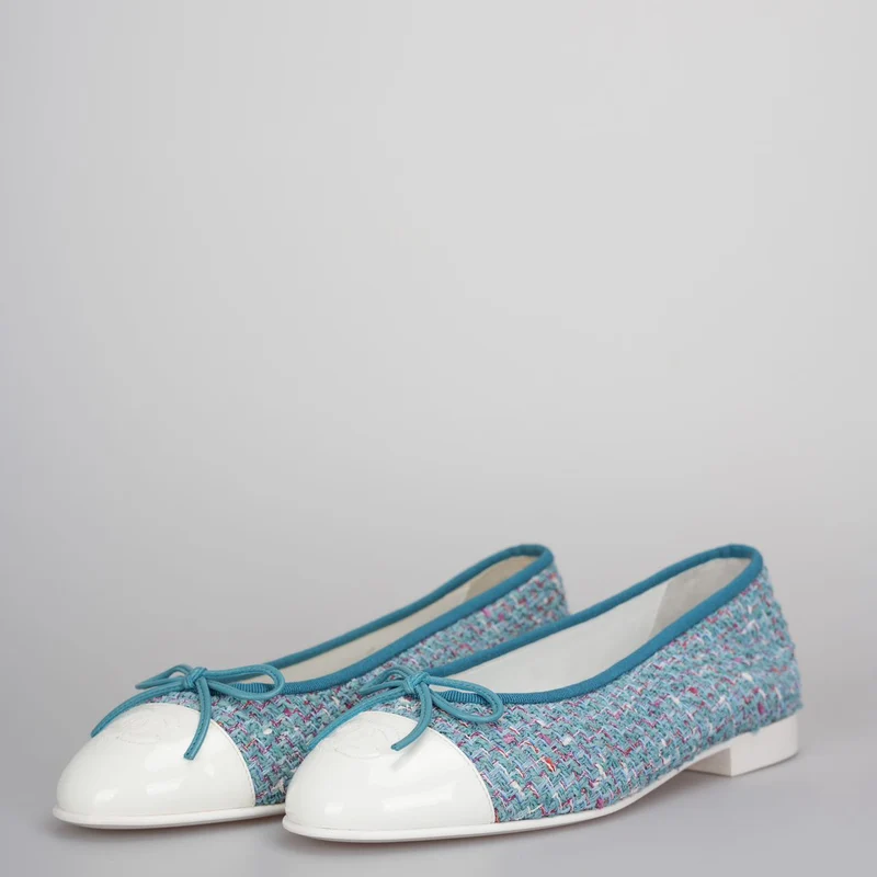 Chanel Blau/Weiß Tweed Kalbsleder Cap Toe Ballerinas Größe 37