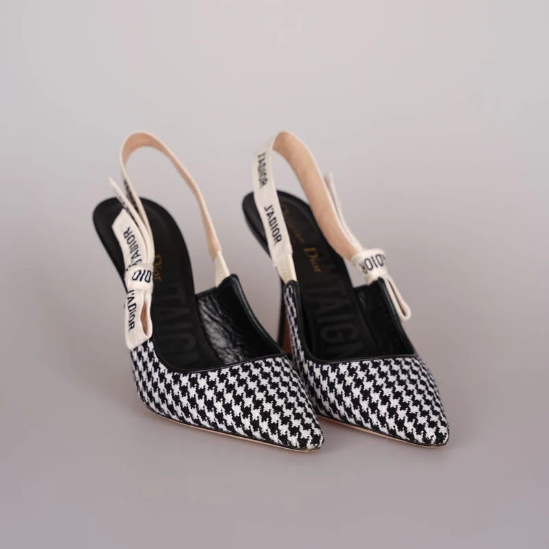 Christian Dior Wollband Hahnentritt J'Adior Slingback 8cm Pumps 38D Schwarz Weiß