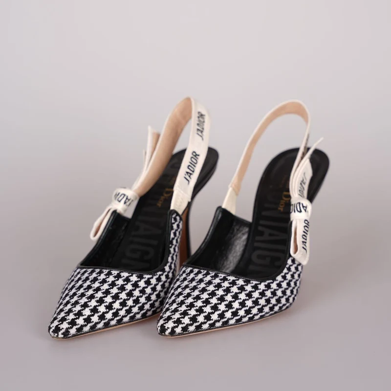 Christian Dior Wollband Hahnentritt J'Adior Slingback 8cm Pumps 38D Schwarz Weiß