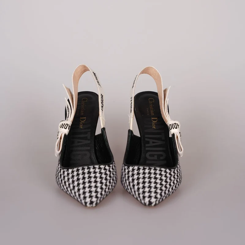 Christian Dior Wollband Hahnentritt J'Adior Slingback 8cm Pumps 38D Schwarz Weiß
