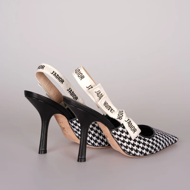 Christian Dior Wollband Hahnentritt J'Adior Slingback 8cm Pumps 38D Schwarz Weiß