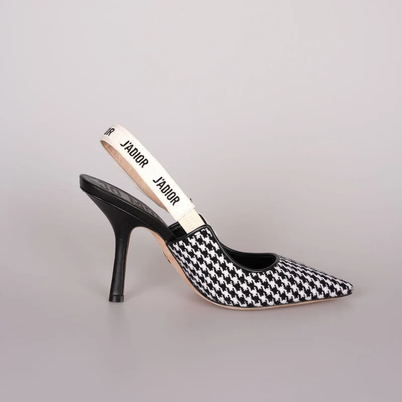 Christian Dior Wollband Hahnentritt J'Adior Slingback 8cm Pumps 38D Schwarz Weiß