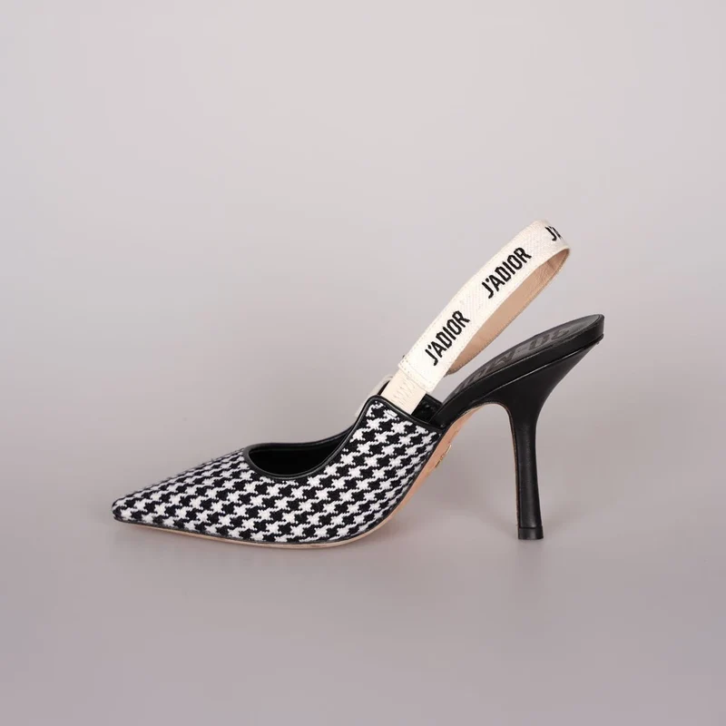 Christian Dior Wollband Hahnentritt J'Adior Slingback 8cm Pumps 38D Schwarz Weiß