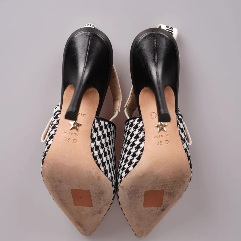 Christian Dior Wollband Hahnentritt J'Adior Slingback 8cm Pumps 38D Schwarz Weiß