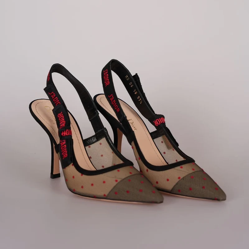 Christian Dior Mesh Plumetis Wildleder J'Adior Slingback 8cm Pumps 37.5 Beige/Schwarz