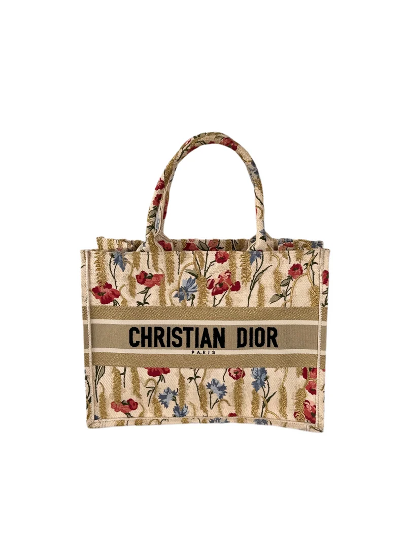 Christian Dior Beige Blumen bestickte Canvas Buchtasche Mittel