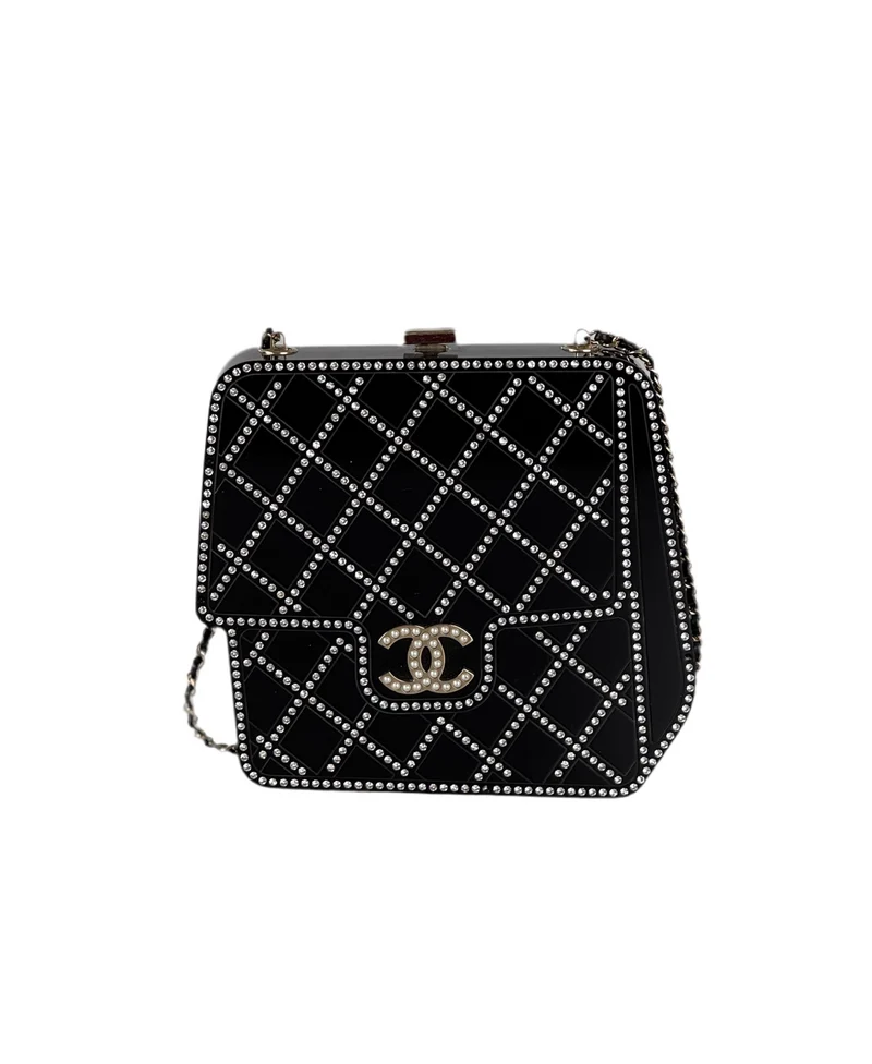 Chanel Runway Schwarze Harz Kristall Perle Abend Clutch Schulterbox Limitierte Auflage