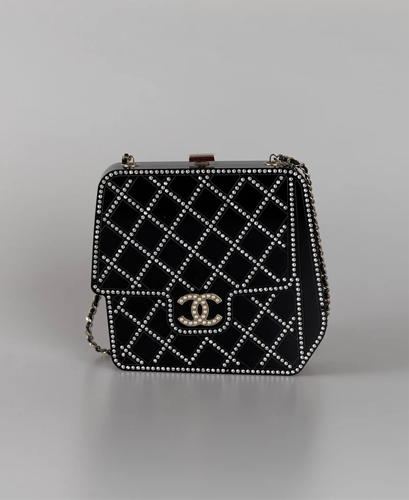 Chanel Runway Schwarze Harz Kristall Perle Abend Clutch Schulterbox Limitierte Auflage