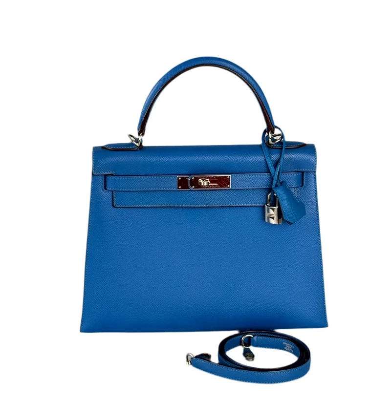 Hermes Kelly 28cm Sellier Tasche aus blauem Epsom-Leder mit silberner Hardware