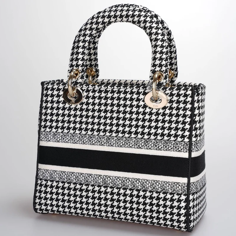 Christian Dior – Mittlere Lady D-Lite-Tasche aus Canvas mit Hahnentrittmuster in Schwarz und Weiß