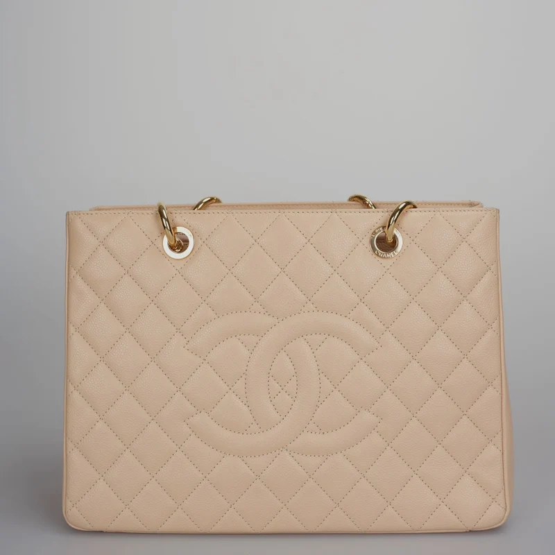 Chanel Beige Grand Shopping Tote GST Tasche aus Kaviarleder mit goldener Hardware