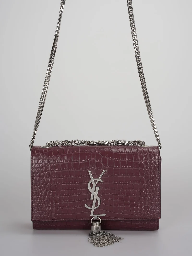 Saint Laurent Kleine klassische Monogram Kate Quaste Satchel Kalbsleder Krokodil geprägt Burgund
