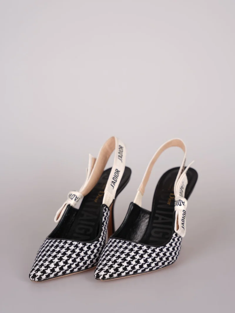 Dior J'Adior Sandalen aus schwarz-weißem Hahnentritt-Canvas, Größe 38