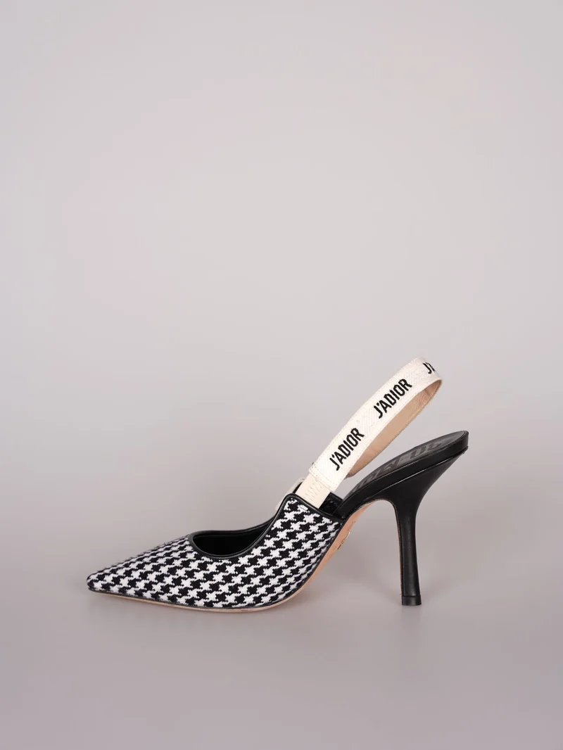 Dior J'Adior Sandalen aus schwarz-weißem Hahnentritt-Canvas, Größe 38