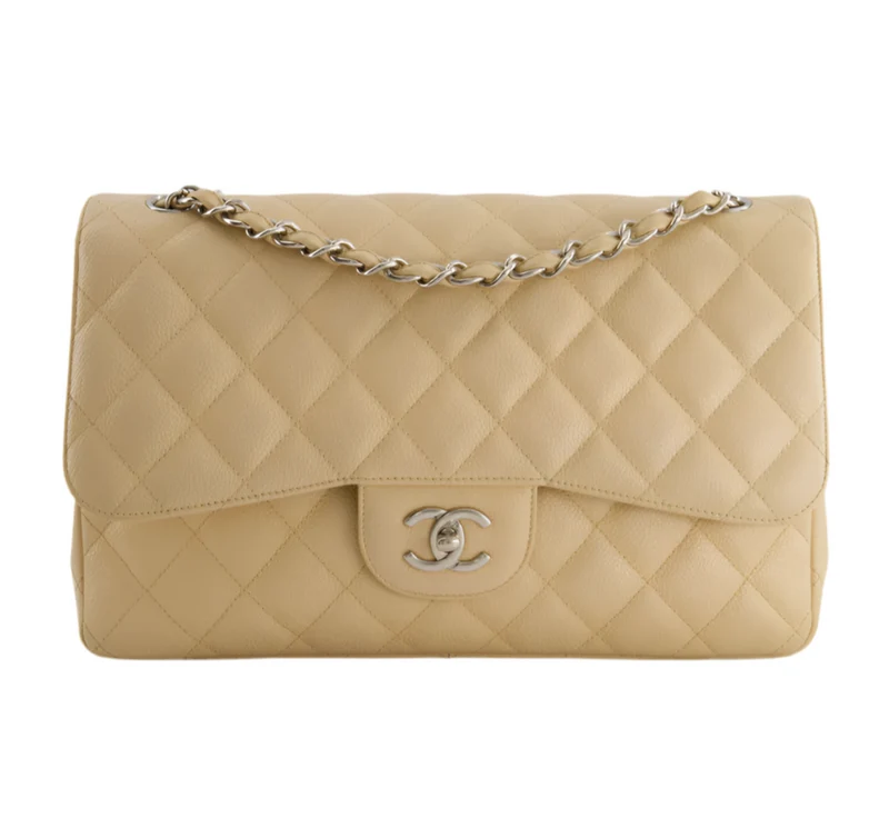 Chanel zeitlose Flap Bag Beige Jumbo Size Caviar Leder mit silberner Hardware