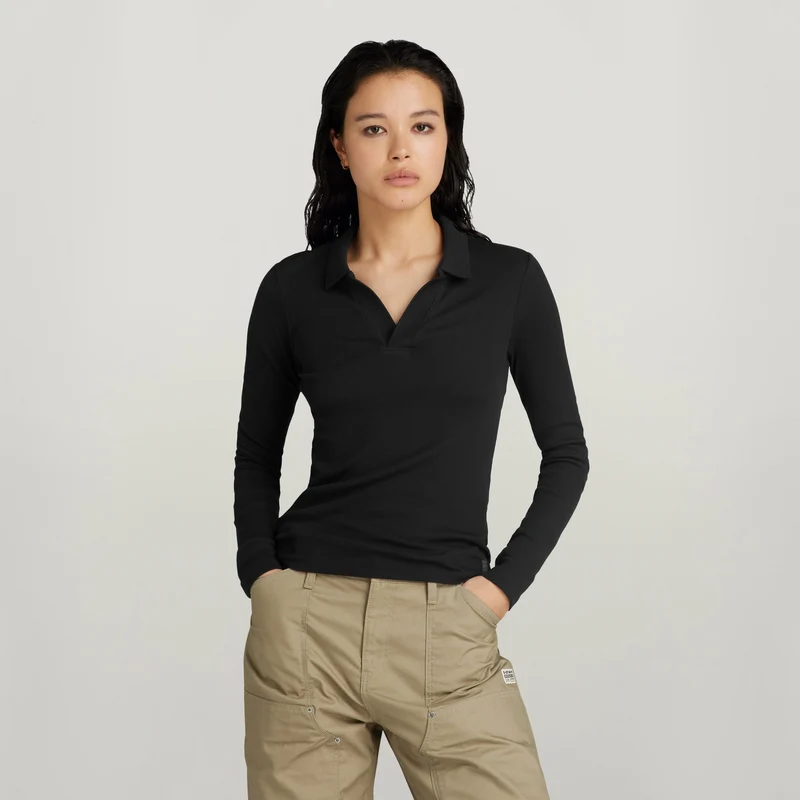 Ribbed slim polo l\s Wmn black