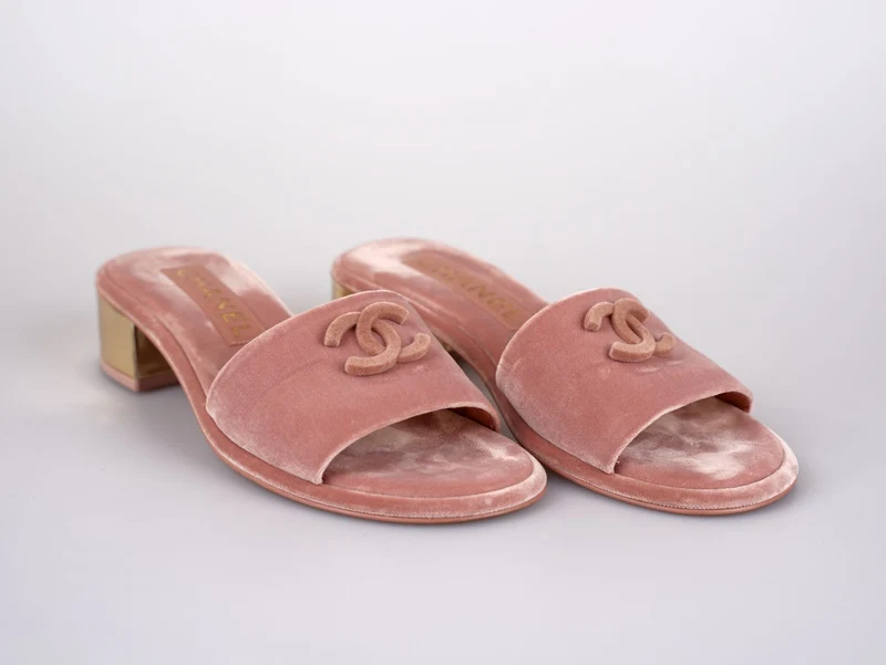 Chanel Gold Heels Rosa Pantoletten Größe 38C