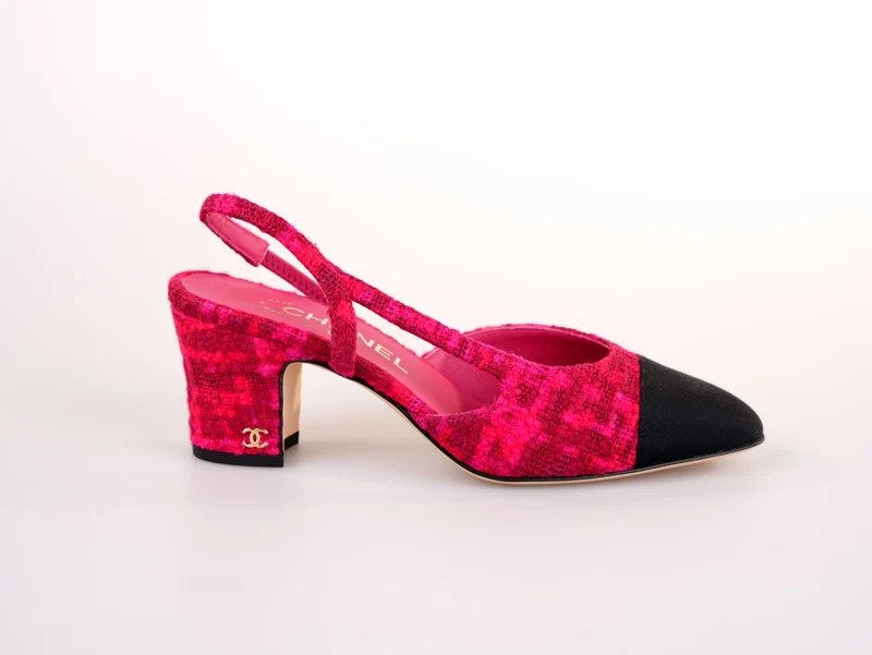 Chanel Pink/Schwarz Tweed und Canvas CC Slingback Pumps Größe 36.5C