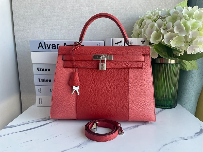 Hermès Kelly 32 Sellier Zweifarbig Rosa & Koralle Epsom (Palladium-Beschläge)