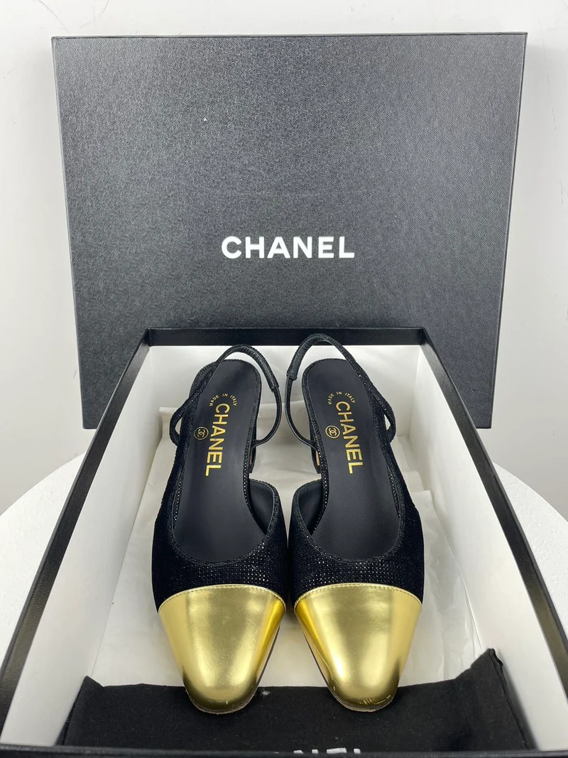 Chanel Tweed Schwarz Gold Slingback Pumps mit CC Logo 36