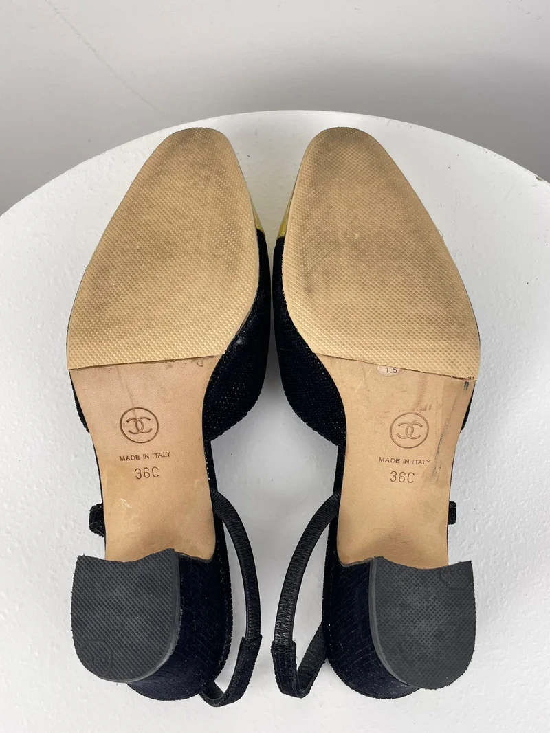 Chanel Tweed Schwarz Gold Slingback Pumps mit CC Logo 36