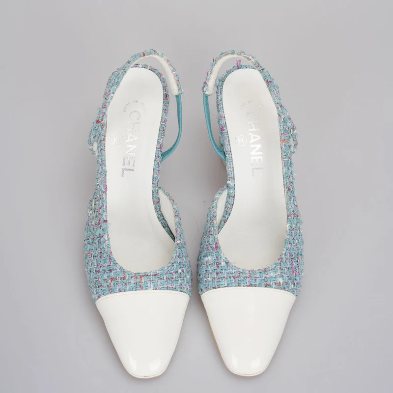 Chanel Tweed Slingback-Pumps in Tiffanyblau 38