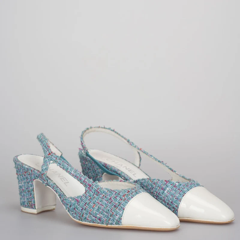 Chanel Tweed Slingback-Pumps in Tiffanyblau 38