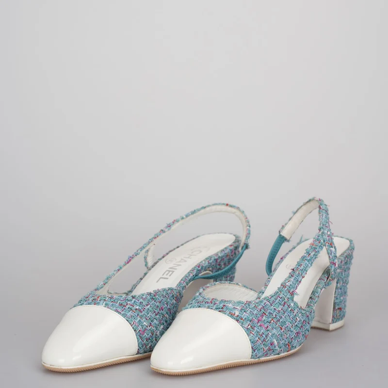 Chanel Tweed Slingback-Pumps in Tiffanyblau 38