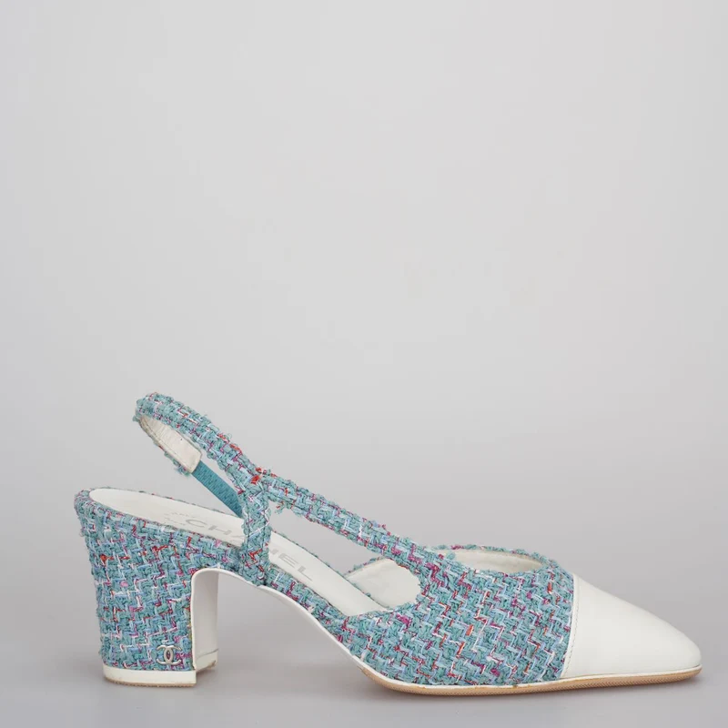 Chanel Tweed Slingback-Pumps in Tiffanyblau 38