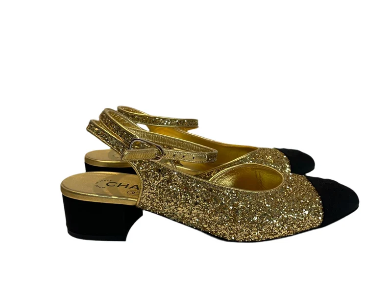 Chanel GoldSchwarze Slingback-Pumps mit CC-Cap-Toe aus grobem Glitzer und Stoff, Größe EU 37.5