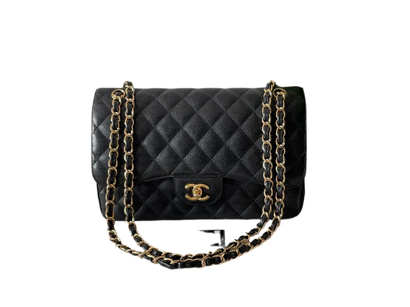Chanel Schwarze Jumbo Classic Double Flap Bag aus Kaviarleder mit goldener Hardware