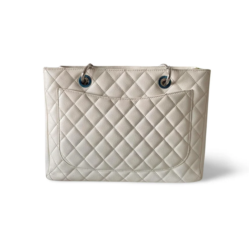 Chanel Medium White Grand Shopping Tote Bag aus Kaviarleder mit silberner Hardware