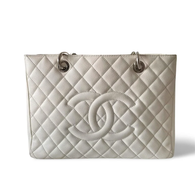 Chanel Medium White Grand Shopping Tote Bag aus Kaviarleder mit silberner Hardware